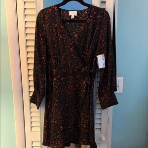 Nine West Black and Rust Floral-Print Long Sleeve Wrap Dress